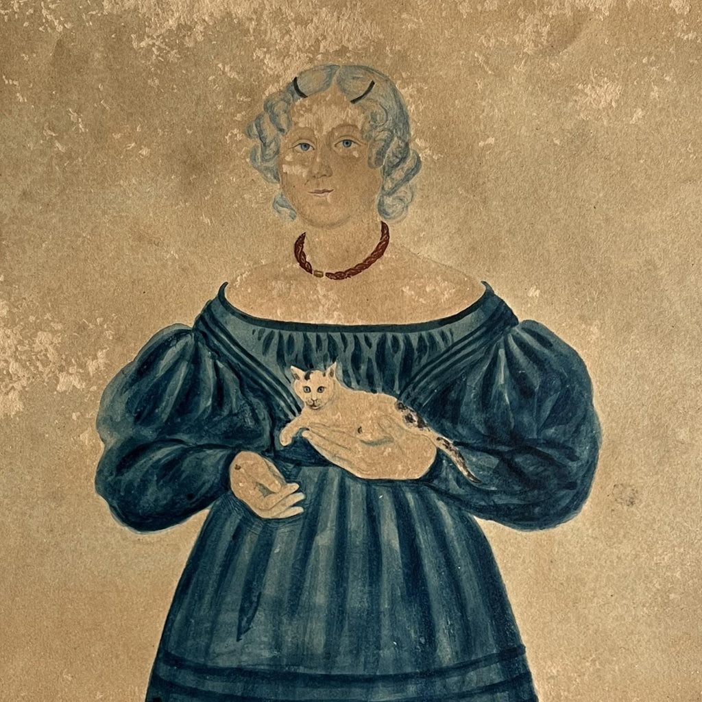 Antique Folk Art Painting Girl And Kitten Cat Portrait English C 1835 AF