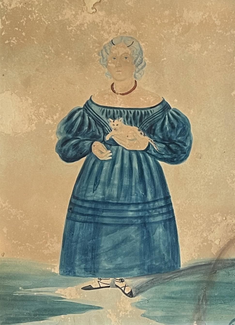 Antique Folk Art Painting Girl And Kitten Cat Portrait English C 1835 AF