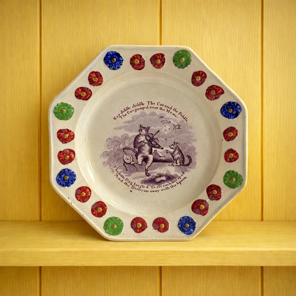 Antique 1830s Childs Nursery Ware Plate Hey Diddle Diddle Cat & Fiddle