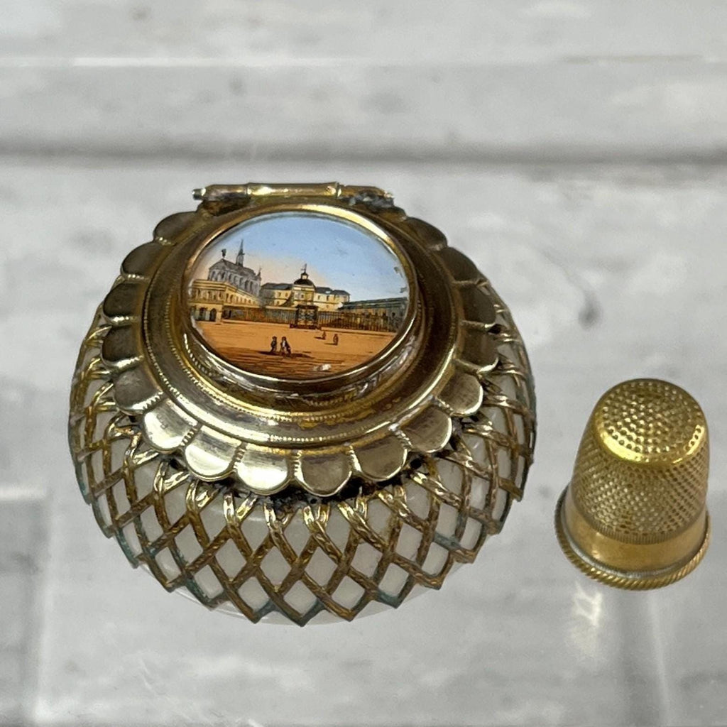Antique Palais Royal Miniature White Opaline Round Box Palais de Justice Paris C 1840 AF