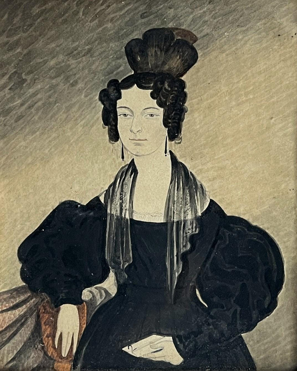 Antique Naïve Folk Art Portrait Lady Apollo Knot Hairstyle Mrs Pennell Howard Family C 1830