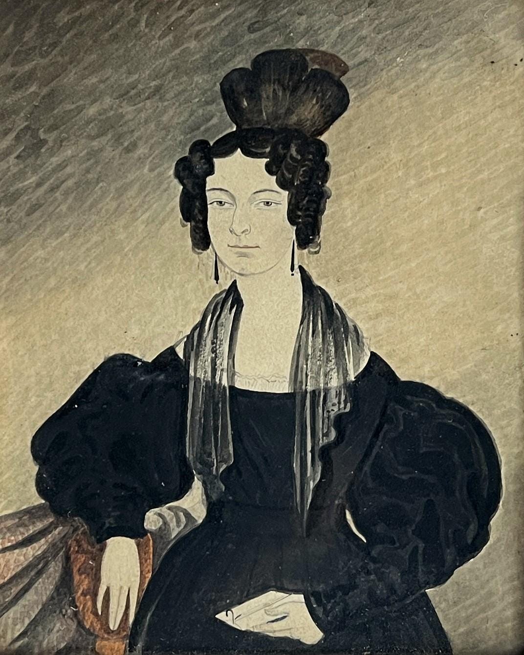 Antique Naïve Folk Art Portrait Lady Apollo Knot Hairstyle Mrs Pennell Howard Family C 1830