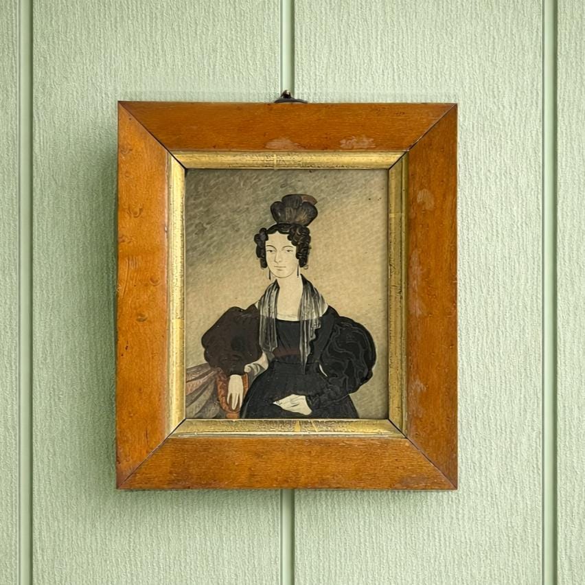Antique Naïve Folk Art Portrait Lady Apollo Knot Hairstyle Mrs Pennell Howard Family C 1830