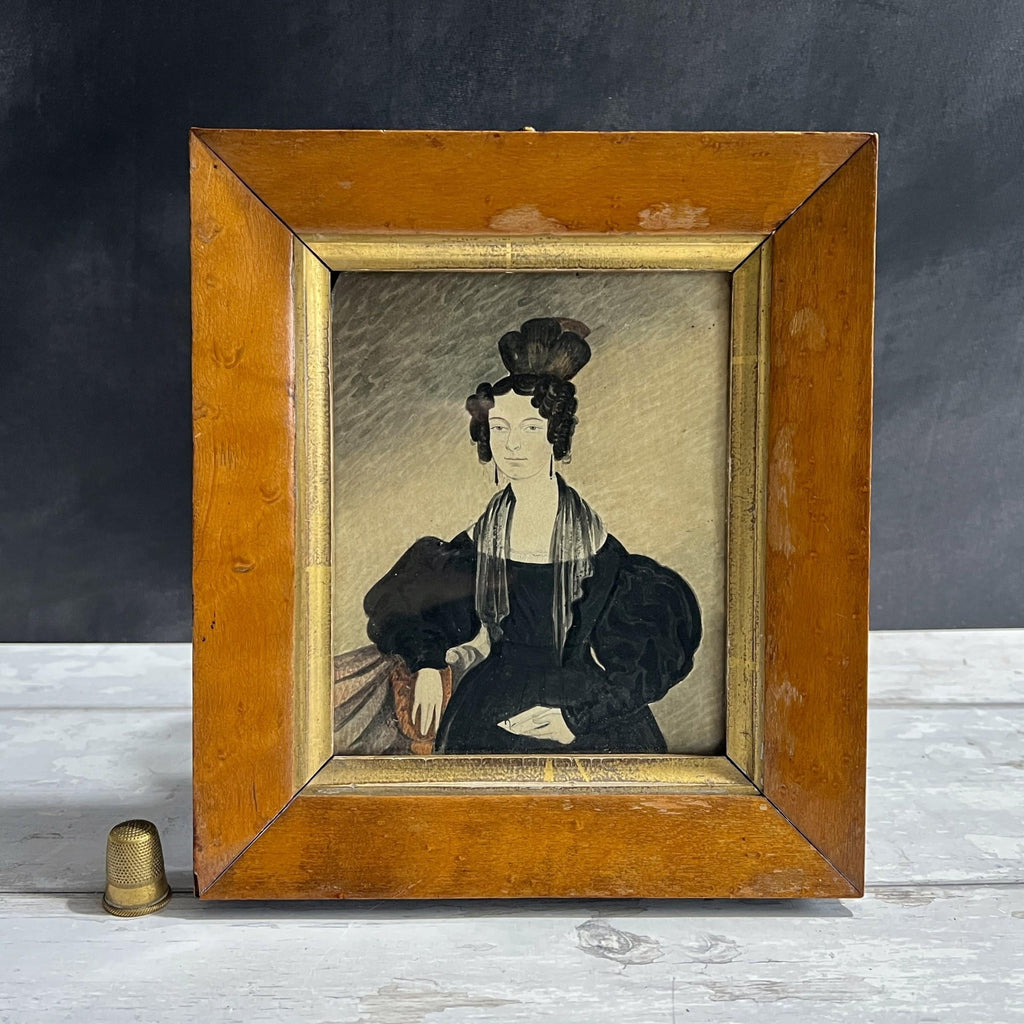 Antique Naïve Folk Art Portrait Lady Apollo Knot Hairstyle Mrs Pennell Howard Family C 1830