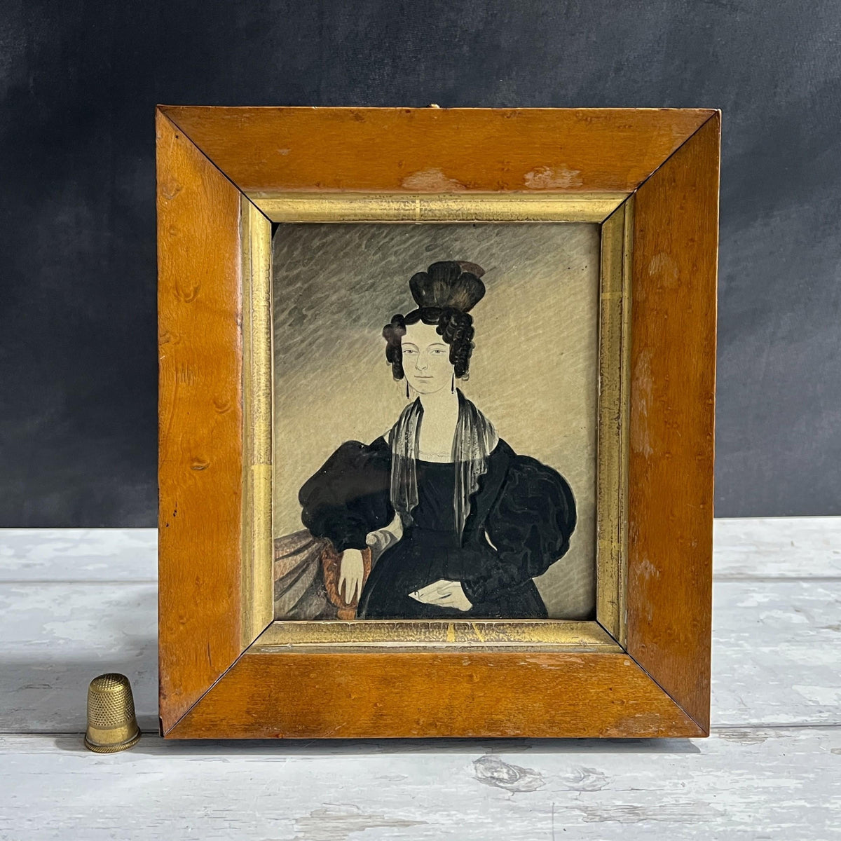 Antique Naïve Folk Art Portrait Lady Apollo Knot Hairstyle Mrs Pennell Howard Family C 1830
