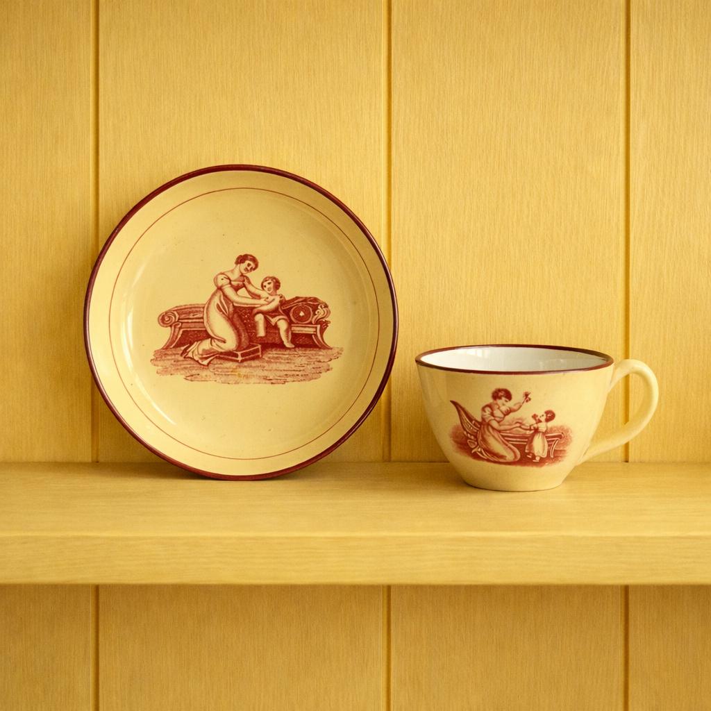 Antique English Drabware Toy Cup and Saucer Adam Buck Mother & Child Circa 1815