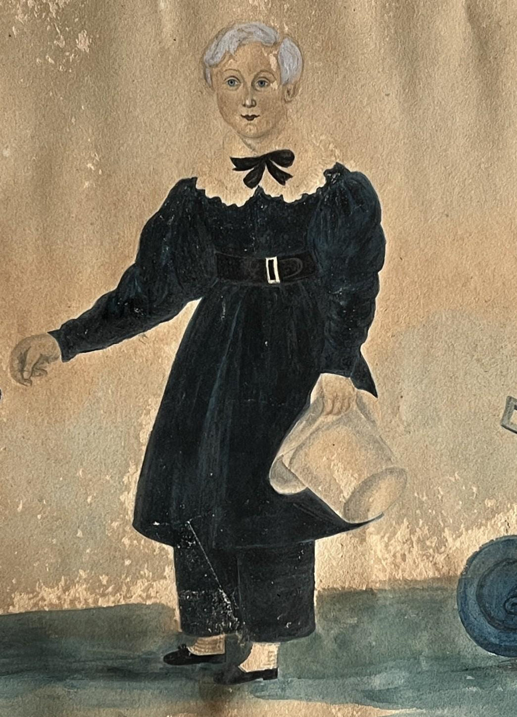 Antique Georgian Folk Art Painting Portrait Boy Dog and Wheelbarrow Signed & Dated 1835 AF