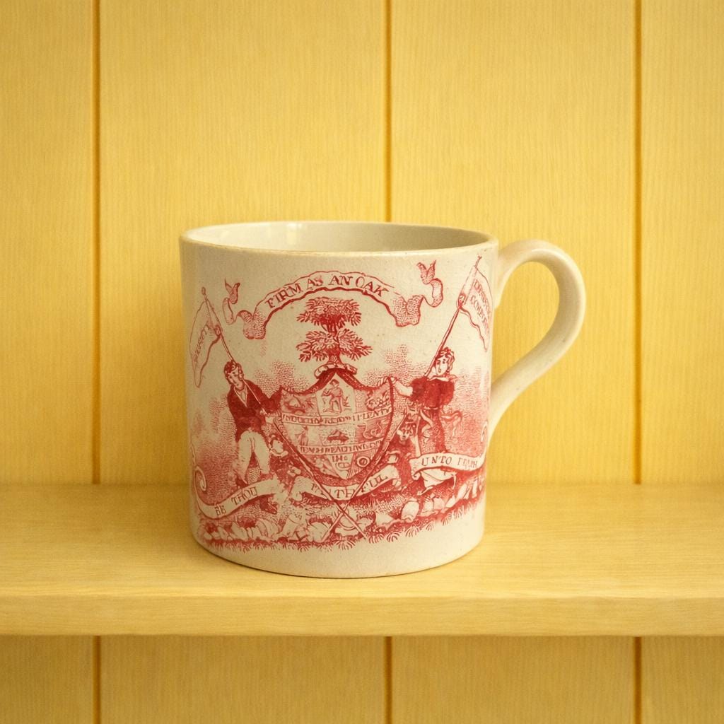 Antique Child's Mug Temperance Movement ‘Firm As An Oak’ Red Transfer Ware C 1835