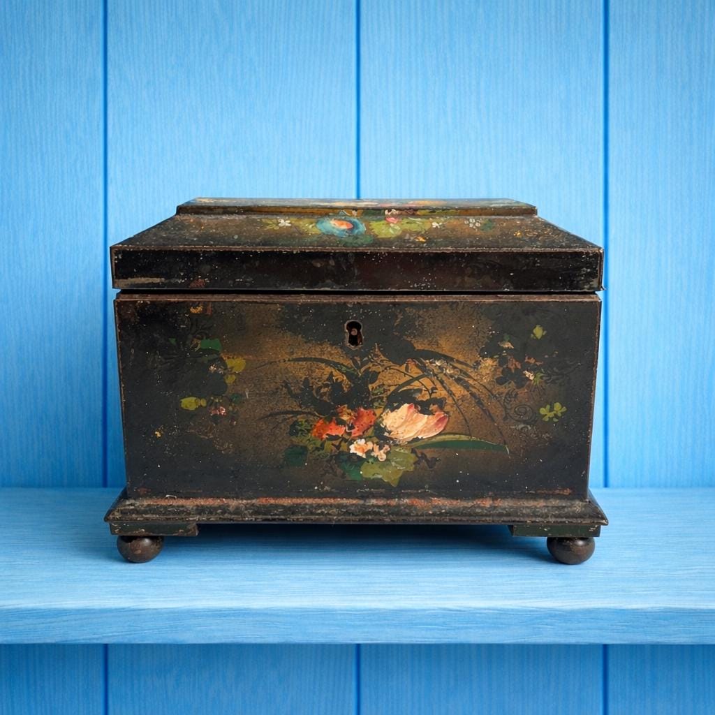 Antique 19th Century English Tole Tea Caddy Floral Toleware Tea Canister Circa 1850