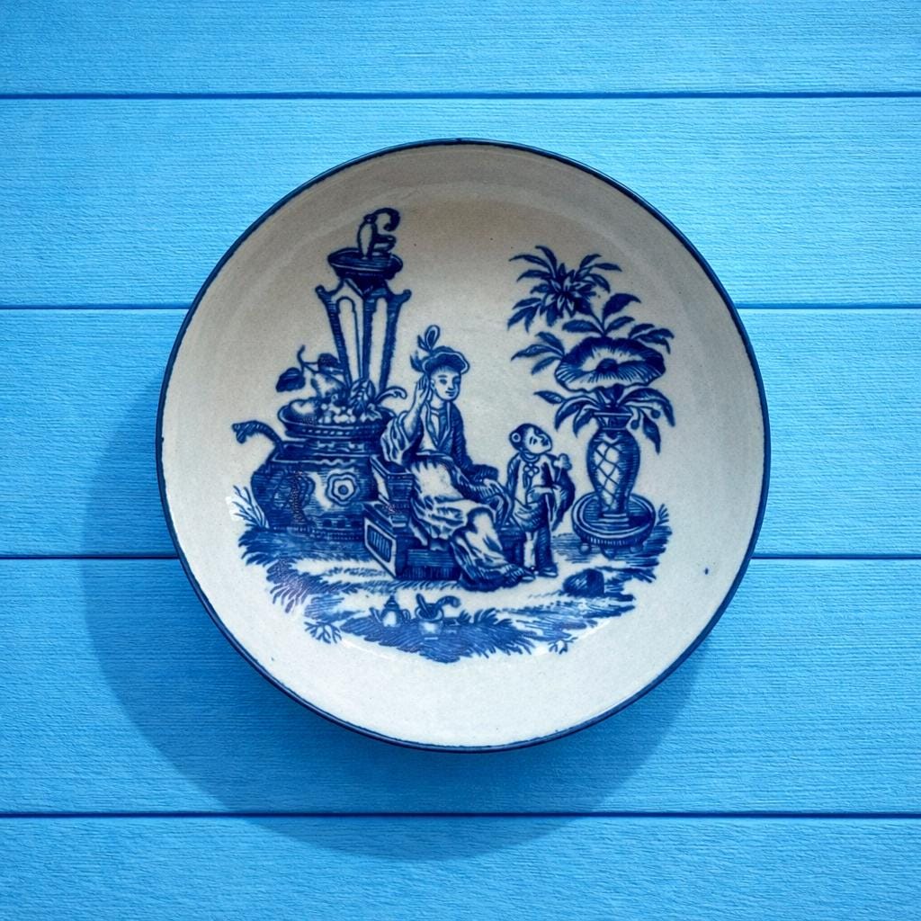 Worcester Porcelain Saucer Blue and White Mother and Child Circa 1775