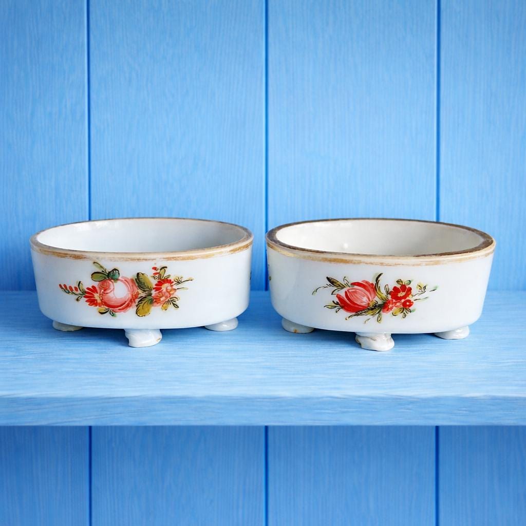 18th Century Opaline Glass Salt Cellars Enamelled Floral Design Georgian Wedding Gift