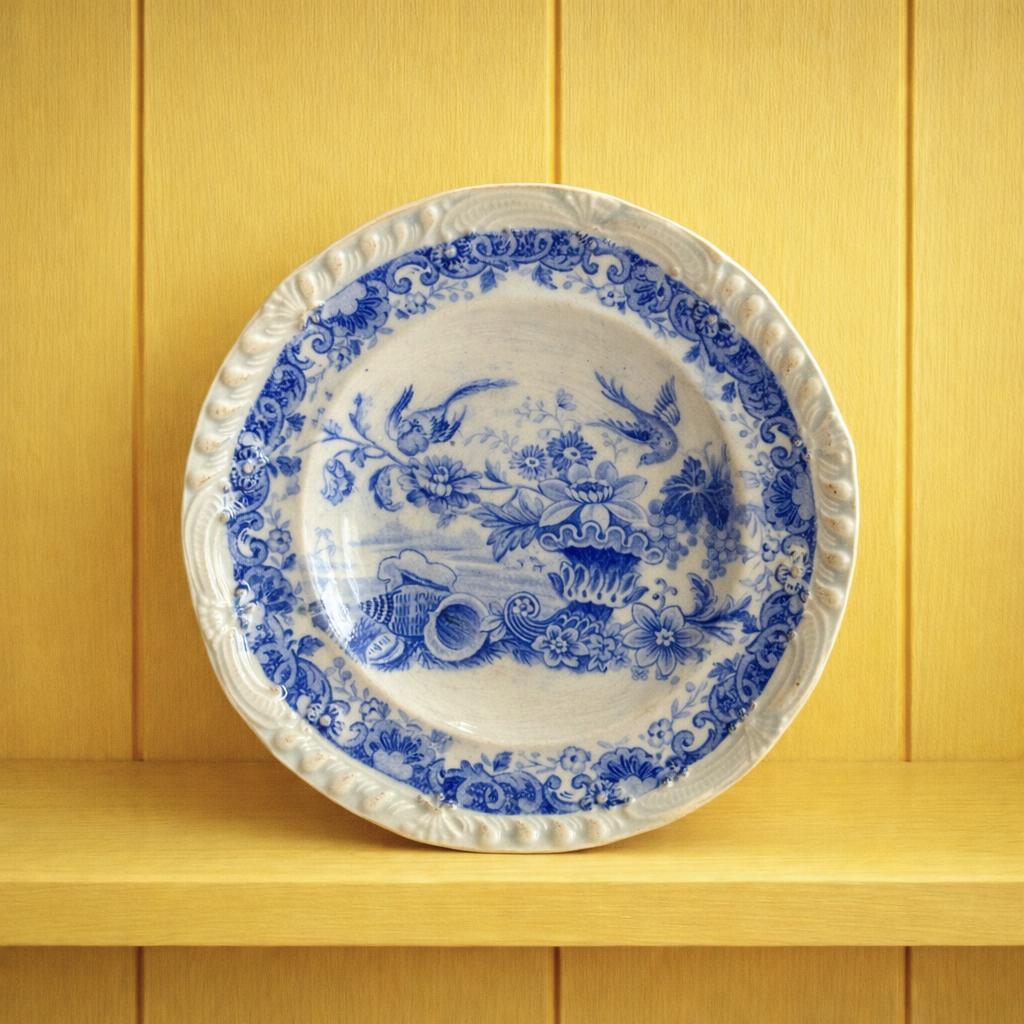 19th Century Childs Plate Blue And White Transferware Shells Birds and Cornucopia C 1830
