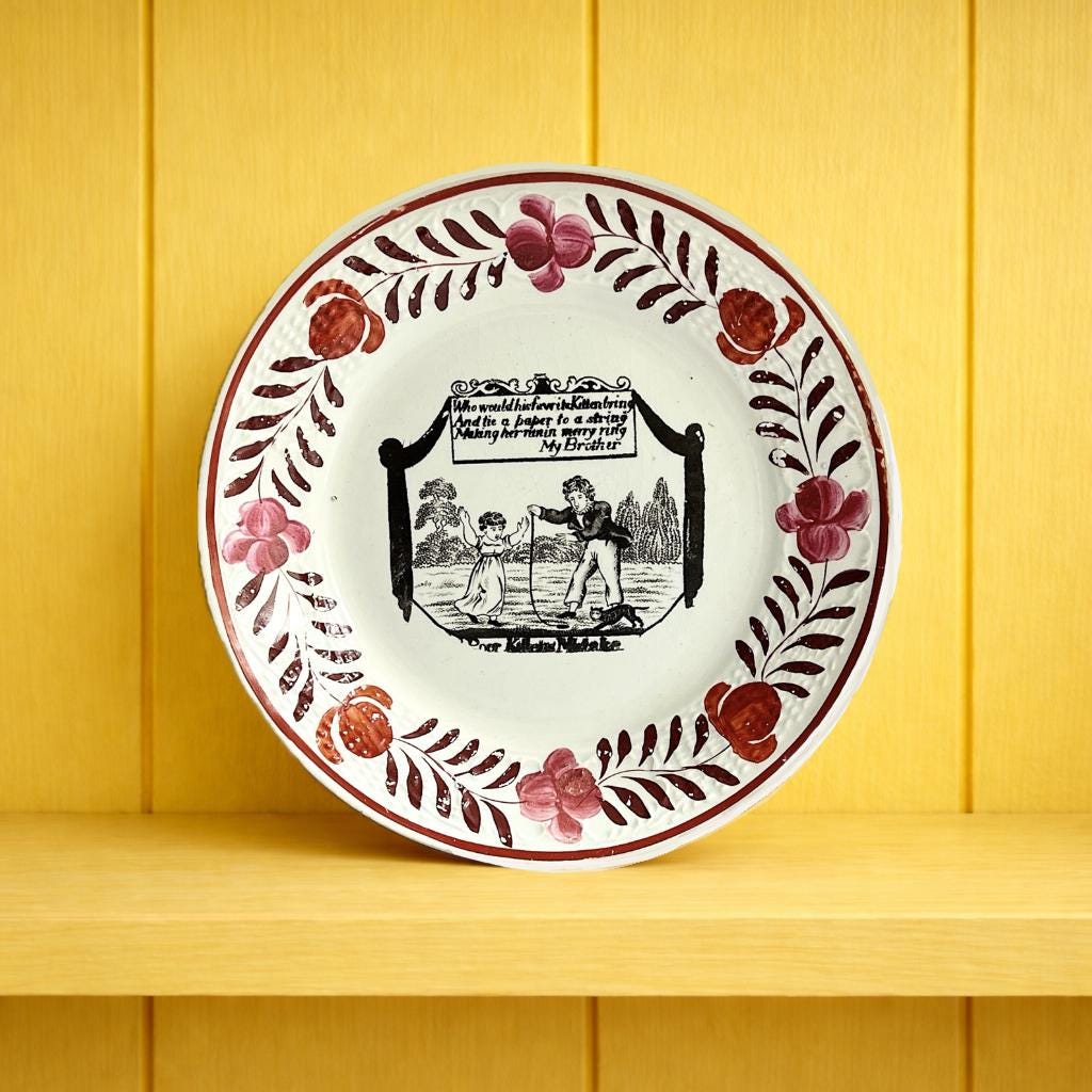 Antique Children's Cat Plate Kitten My Brother from Mary Belson Poem C 1812 Georgian