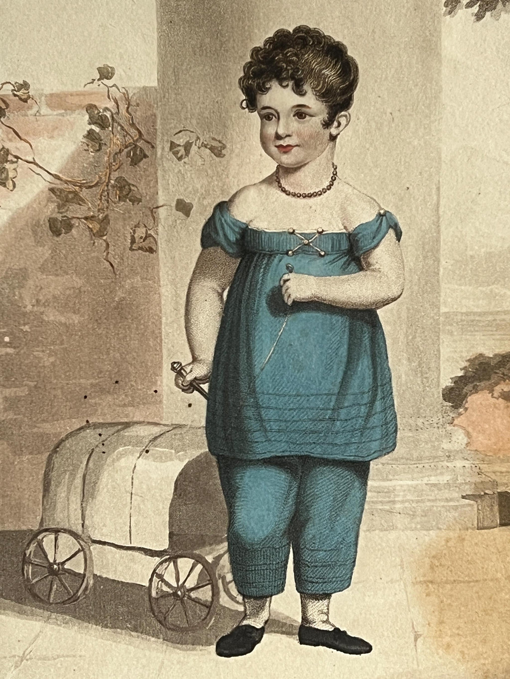 Adorable Georgian Engraving Child And Pull Toy Fly Wagon by James Godby Circa 1810