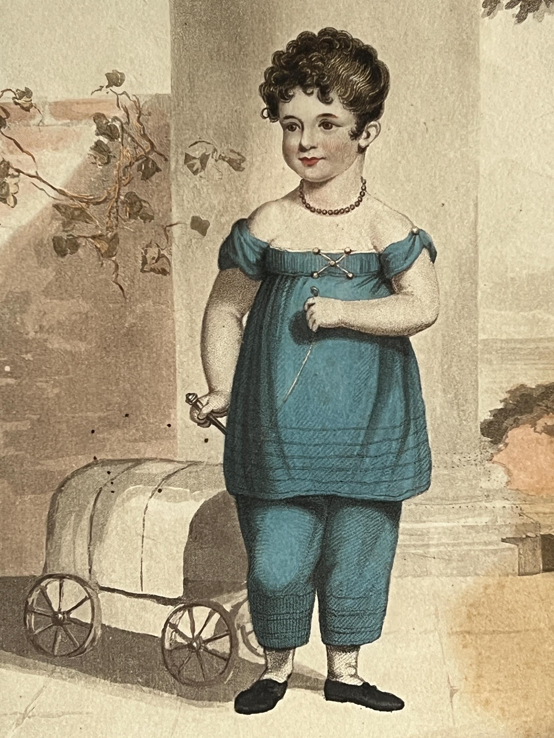 Adorable Georgian Engraving Child And Pull Toy Fly Wagon by James Godby Circa 1810