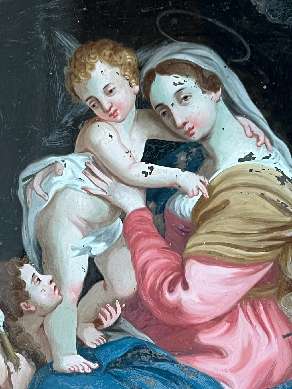 18th Century Georgian Reverse Glass Painting Virgin with Child Circa 1800 Catholic