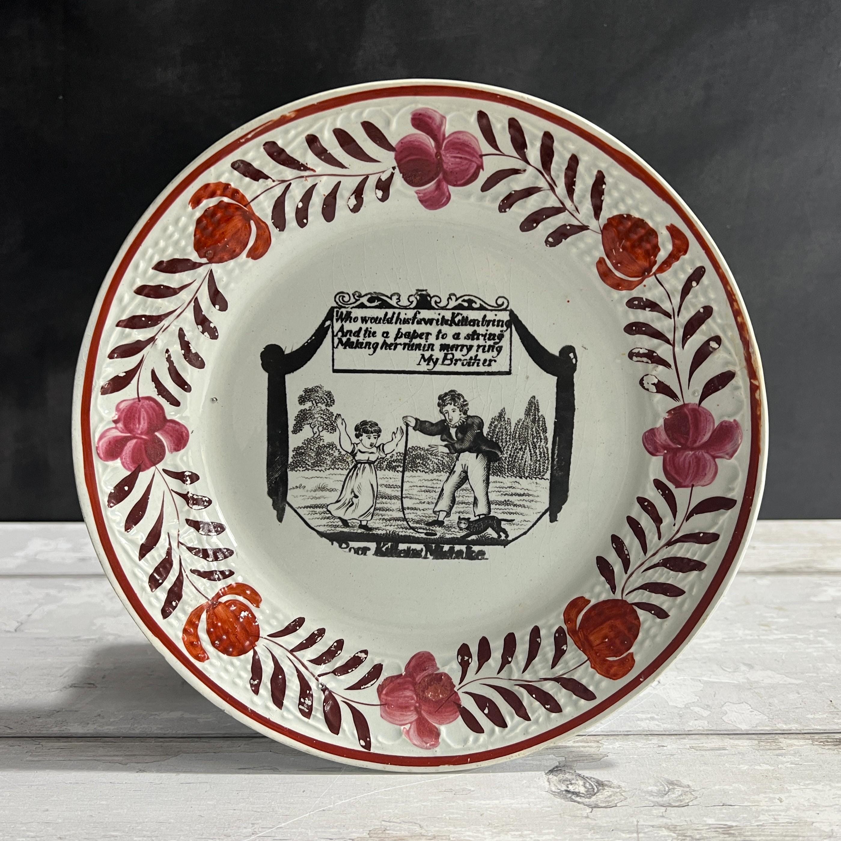Antique Children's Cat Plate Kitten My Brother from Mary Belson Poem C 1812 Georgian