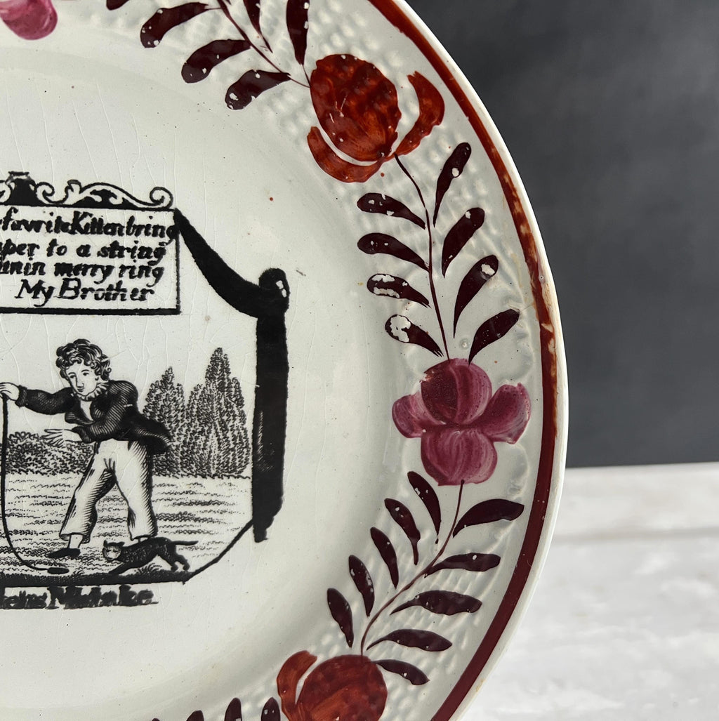 Antique Children's Cat Plate Kitten My Brother from Mary Belson Poem C 1812 Georgian
