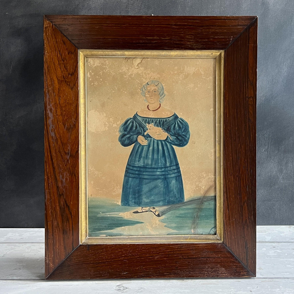 Antique Folk Art Painting Girl And Kitten Cat Portrait English C 1835 AF