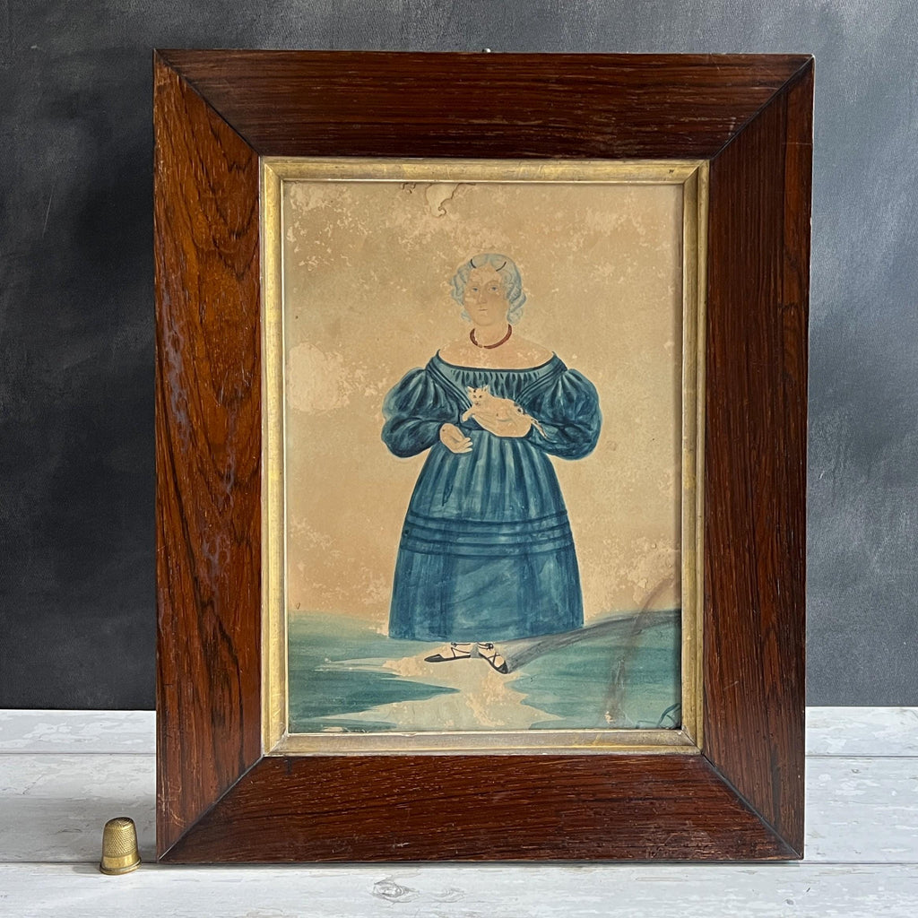 Antique Folk Art Painting Girl And Kitten Cat Portrait English C 1835 AF