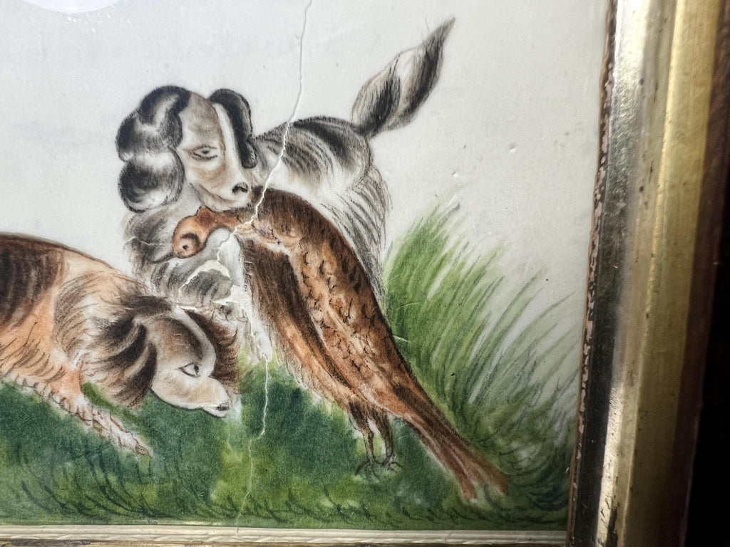 Georgian Pith Paper Painting of Dogs Rare Springer Spaniel Subject C 1830 AF