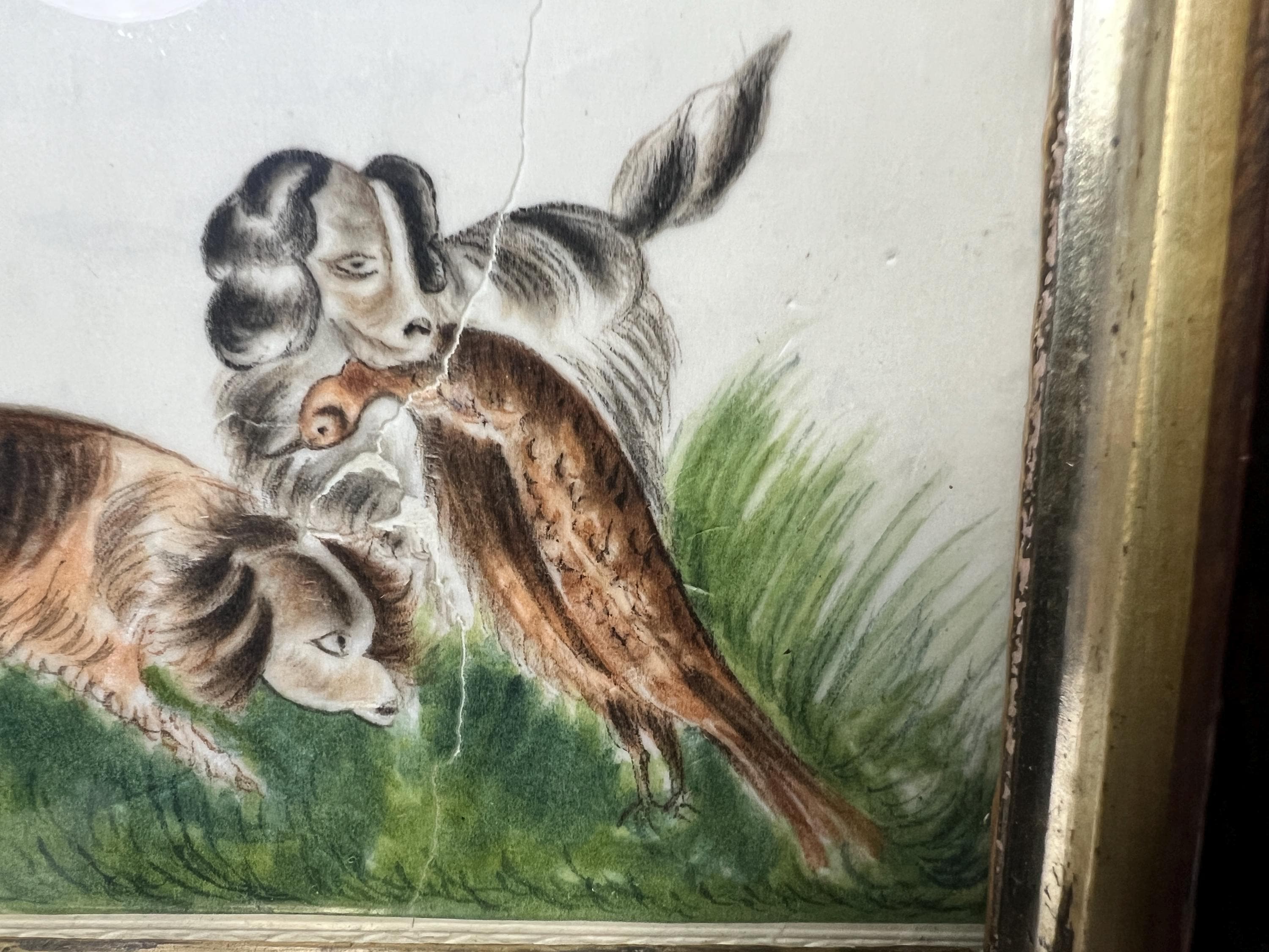 Georgian Pith Paper Painting of Dogs Rare Springer Spaniel Subject C 1830 AF