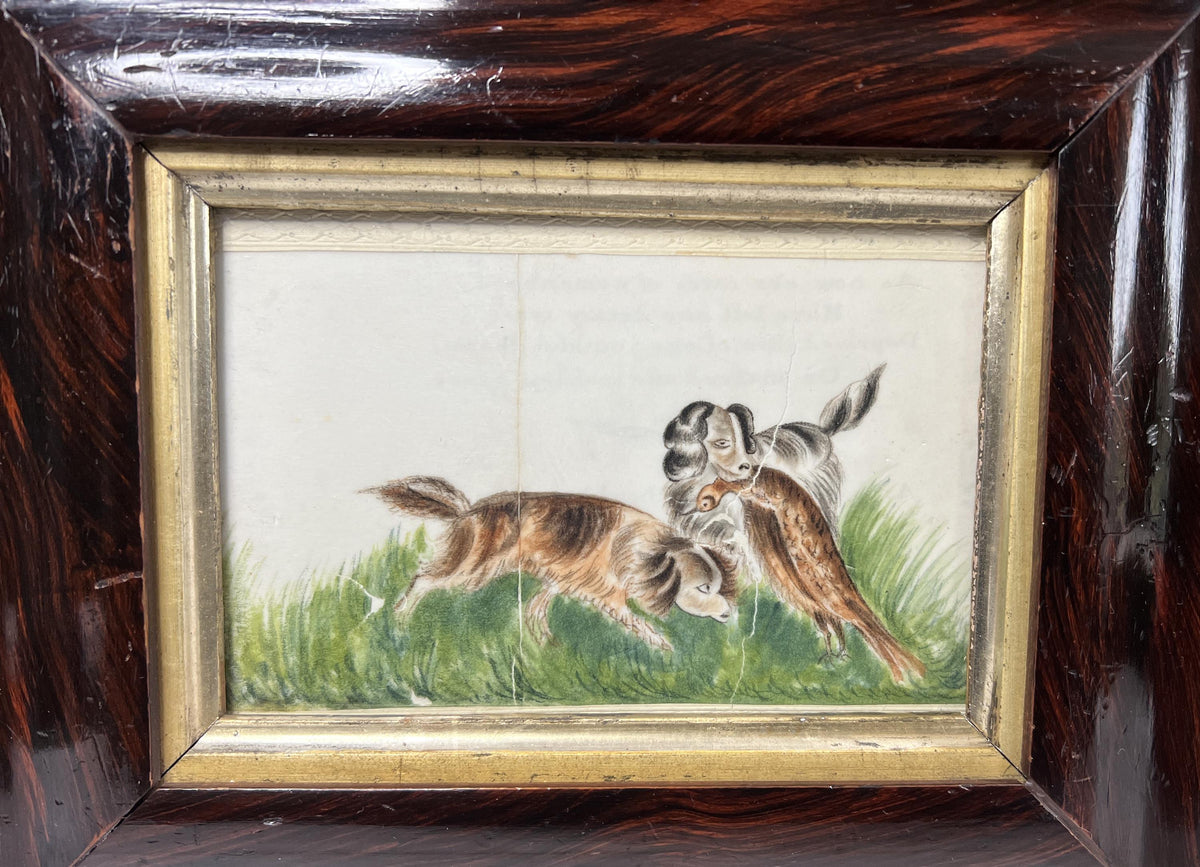 Georgian Pith Paper Painting of Dogs Rare Springer Spaniel Subject C 1830 AF