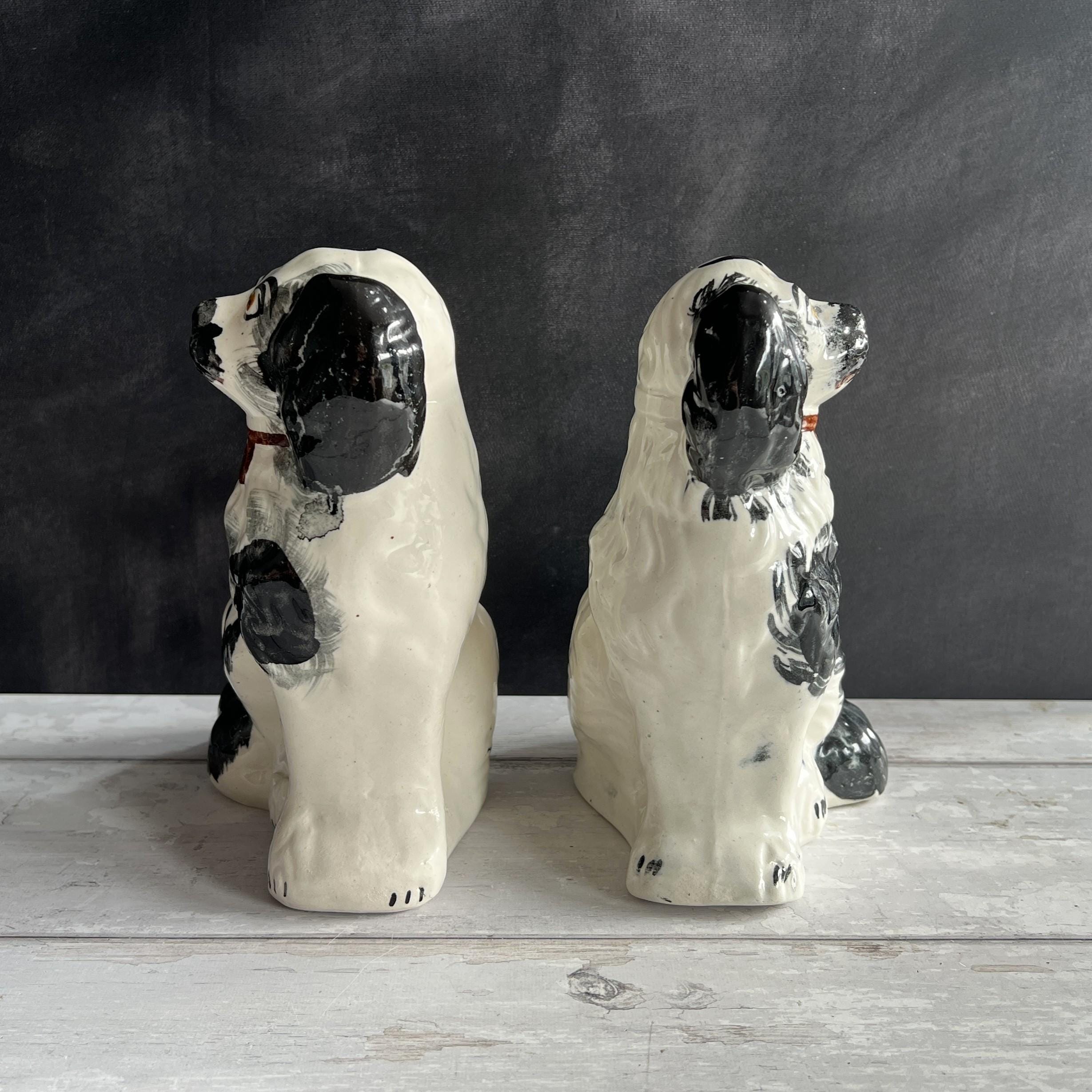 Antique Pair Of Black And White Staffordshire Dogs Fireside Spaniels English C 1920