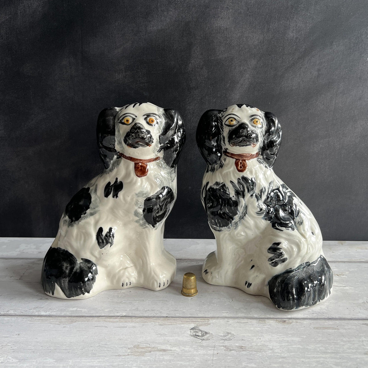 Antique Pair Of Black And White Staffordshire Dogs Fireside Spaniels English C 1920