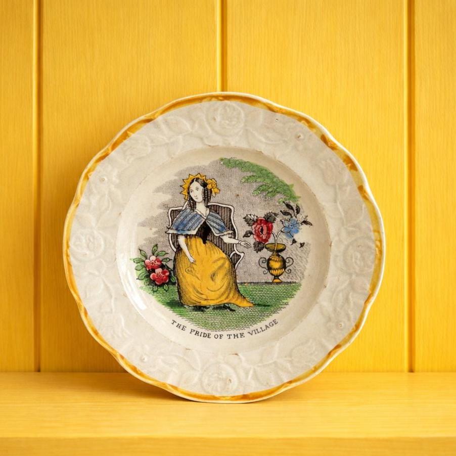 Rare Childrens Plate Pride Of The Village Floral Girl Gardening Nurseryware English C 1830