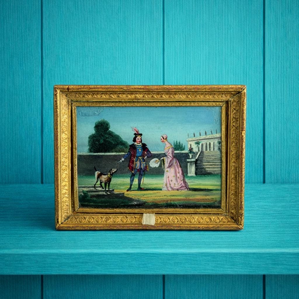 Antique Georgian Bonbon Box Hand Coloured Couple & Dog Scene C 1820