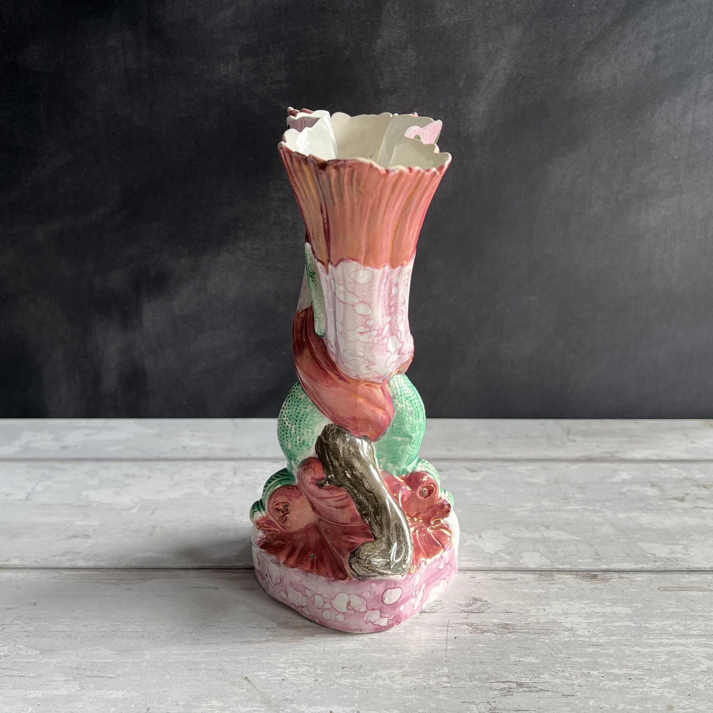 19th Century Sunderland Pink Lustre Vase Shell Dolphin Spill Vase