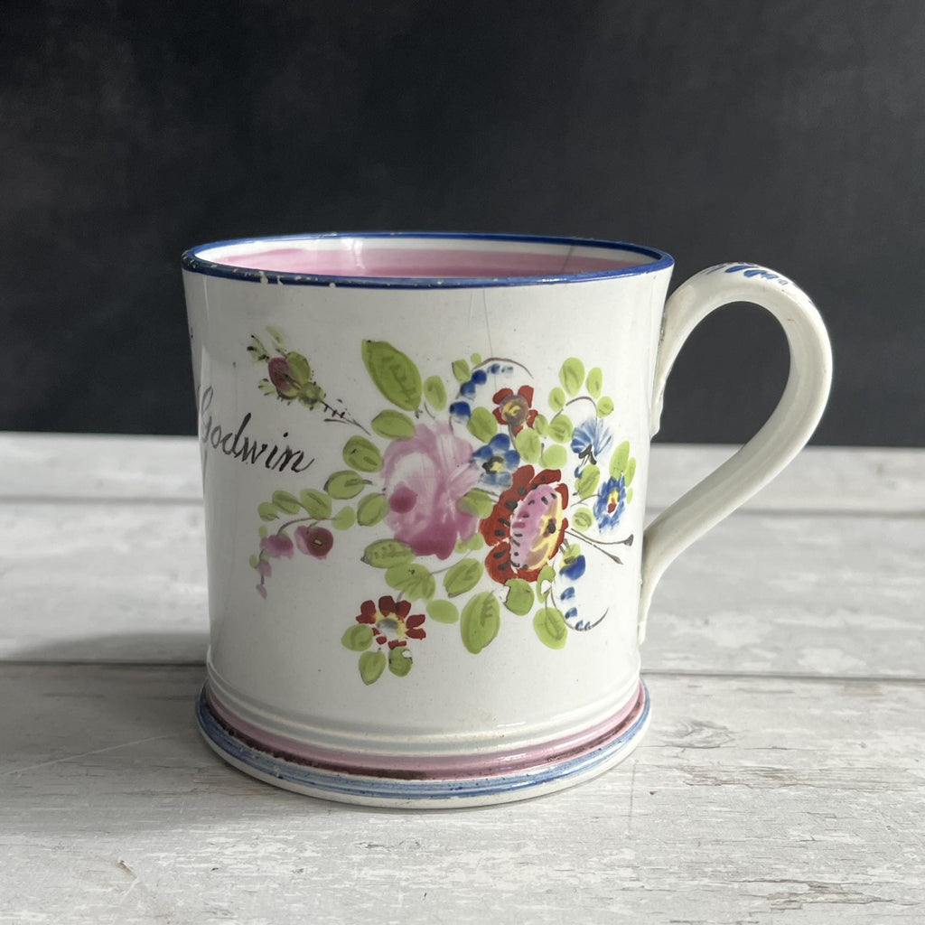 Antique Documentary Floral Pearlware Mug Sarah Ann Godwin Ludwell Village Wiltshire England 1849