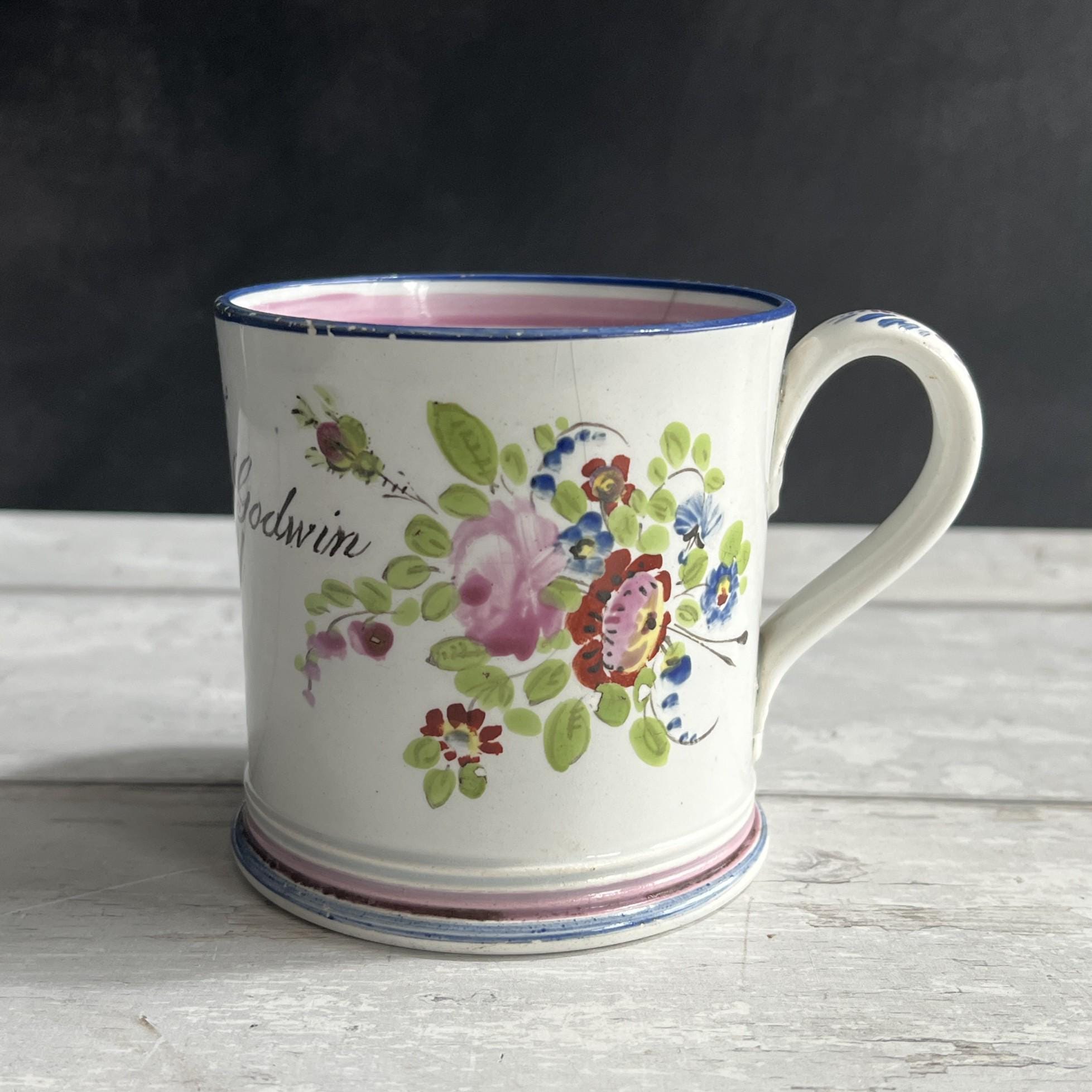 Antique Documentary Floral Pearlware Mug Sarah Ann Godwin Ludwell Village Wiltshire England 1849