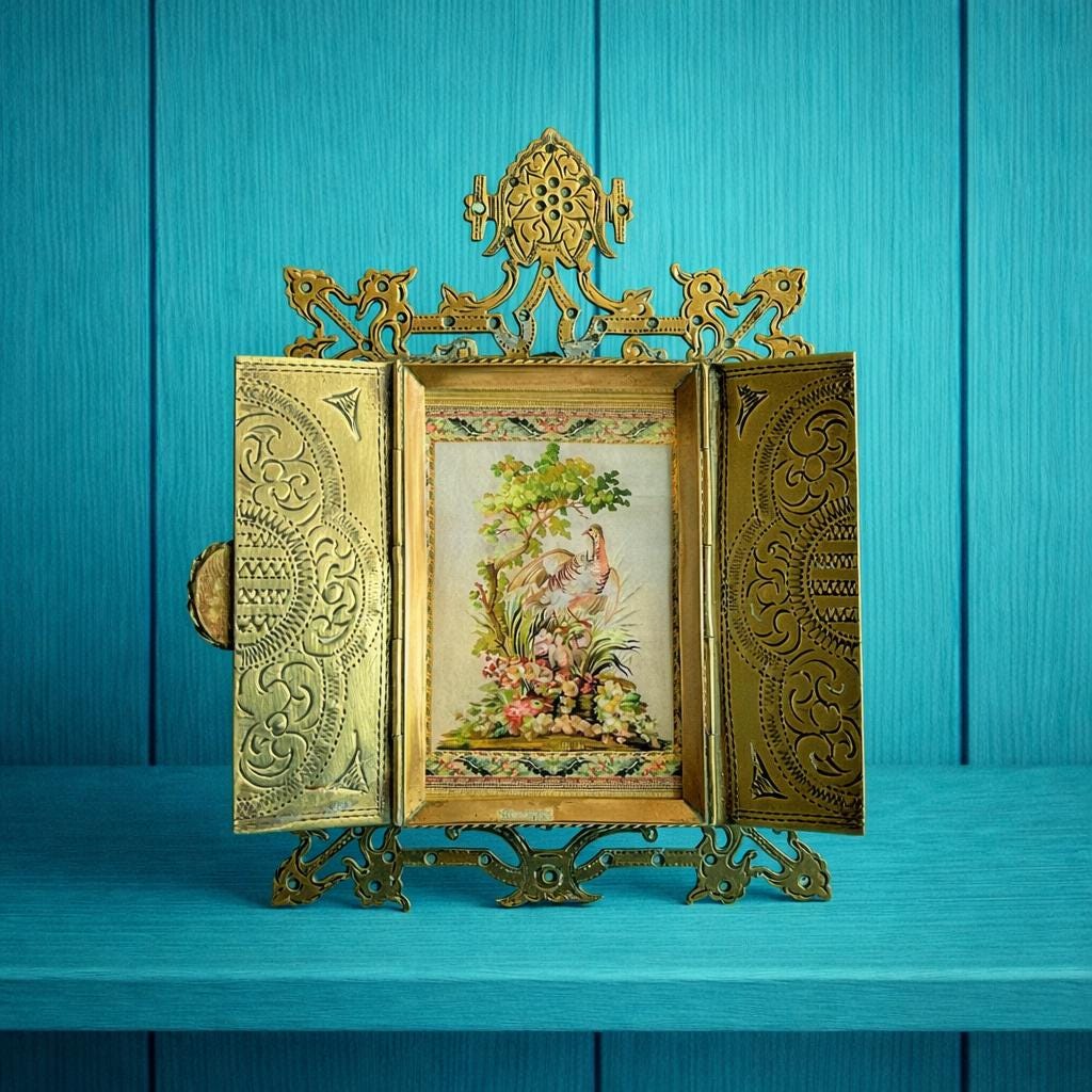 Victorian Gothic Revival Brass Cabochon Photograph Frame Circa 1880 AF
