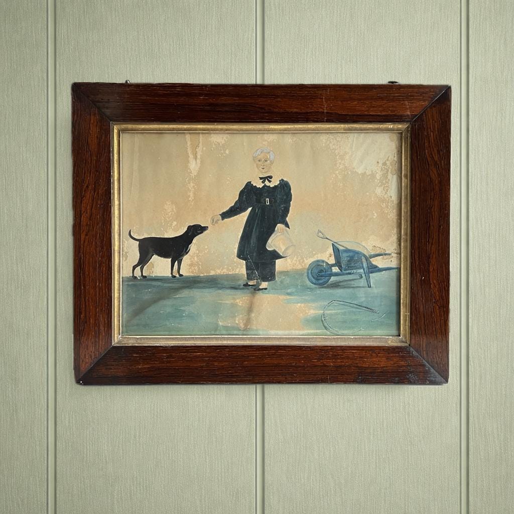 Antique Georgian Folk Art Painting Portrait Boy Dog and Wheelbarrow Signed & Dated 1835 AF