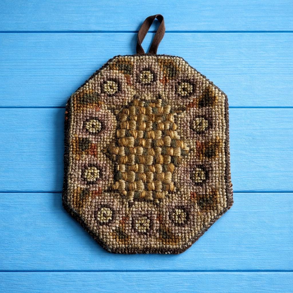 Antique 1850s Folk Art Needlepoint Lamp Mat Woolwork Pot Holder