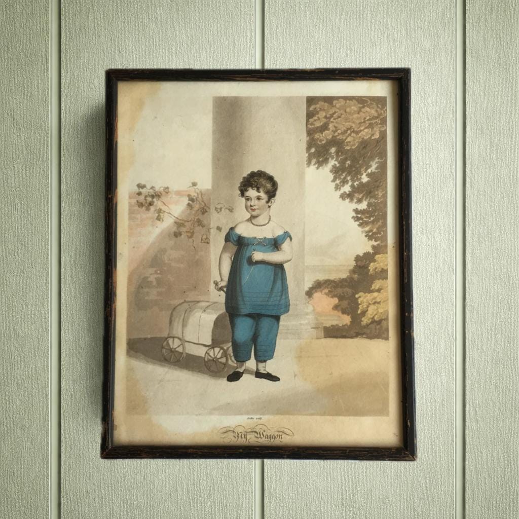 Adorable Georgian Engraving Child And Pull Toy Fly Wagon by James Godby Circa 1810