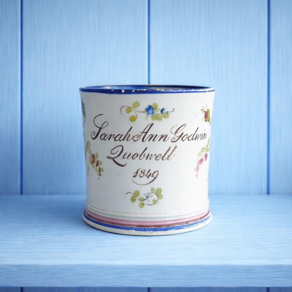 Antique Documentary Floral Pearlware Mug Sarah Ann Godwin Ludwell Village Wiltshire England 1849
