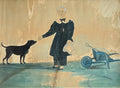 Antique Georgian Folk Art Painting Portrait Boy Dog and Wheelbarrow Signed & Dated 1835 AF