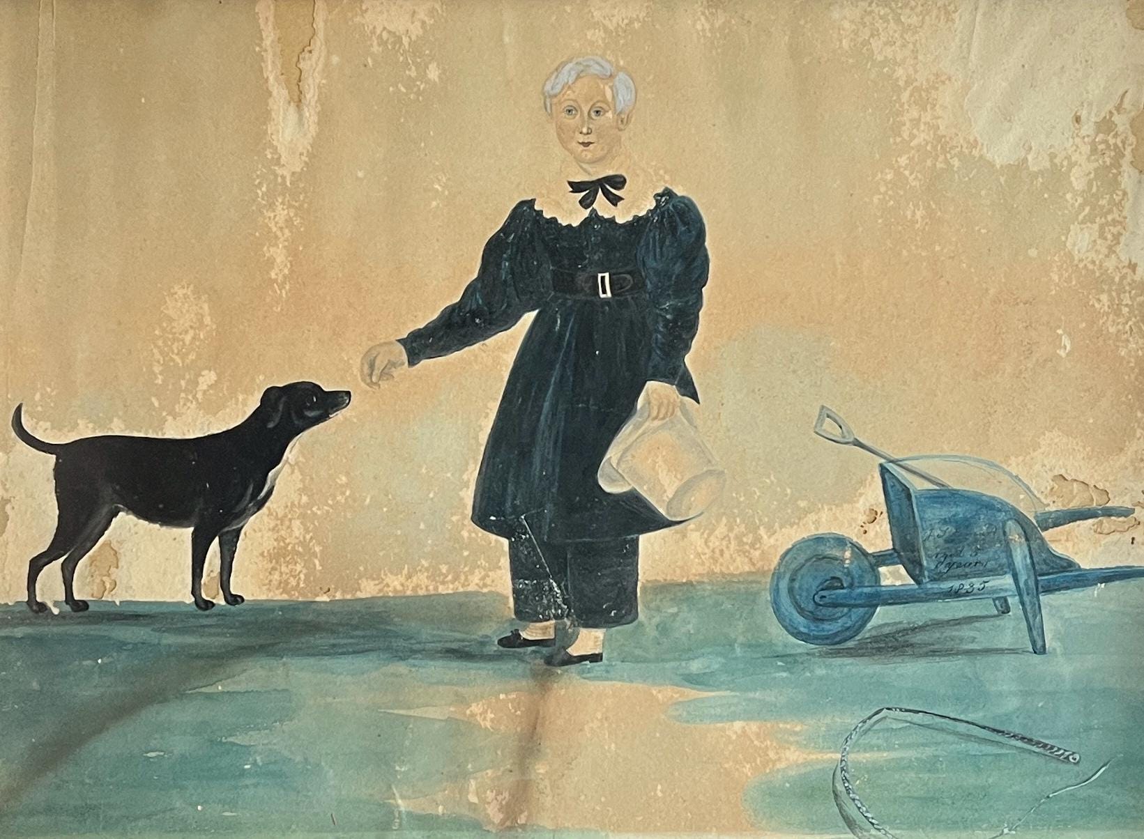 Antique Georgian Folk Art Painting Portrait Boy Dog and Wheelbarrow Signed & Dated 1835 AF