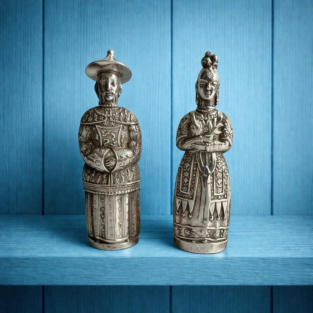 Antique Pair Georgian Needle Cases Sterling Silver Figural Sewing Bodkin Case Chinoiserie Circa 1820