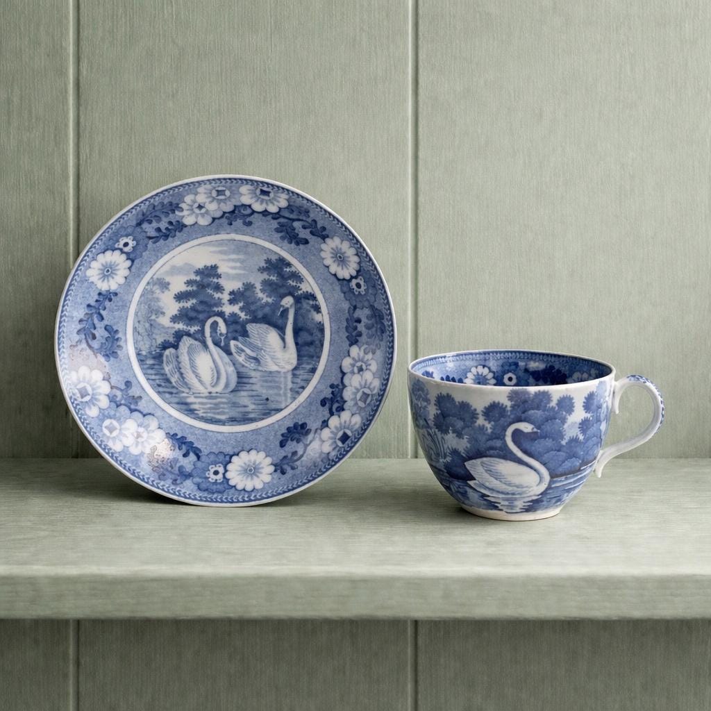 English Pearlware Cup and Saucer Blue and White Transferware Rare Swan Pattern C 1810