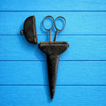 Georgian Leather Sewing Scissor Case and Scissors Black Shagreen Clouté Decoration Circa 1730 AF