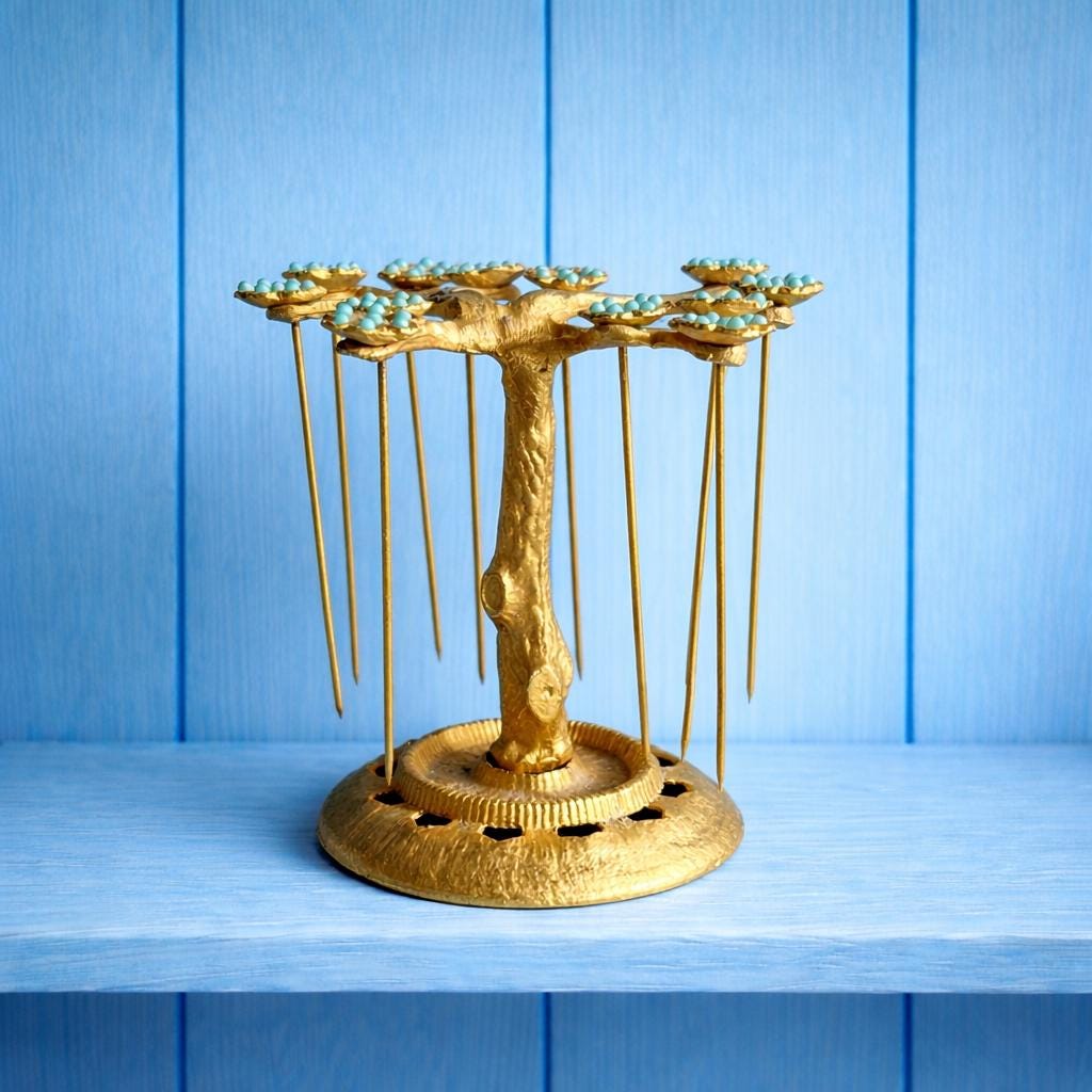 Art Deco Gilt Ormolu Cocktail Stick Holder Celeste Blue Flowers