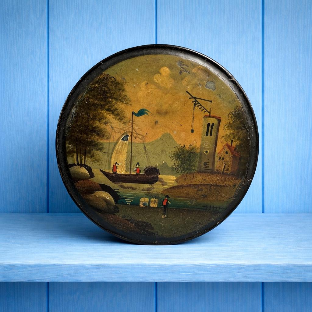 Antique Georgian Papier Mache Snuff Box Hand-Painted Trading Scene