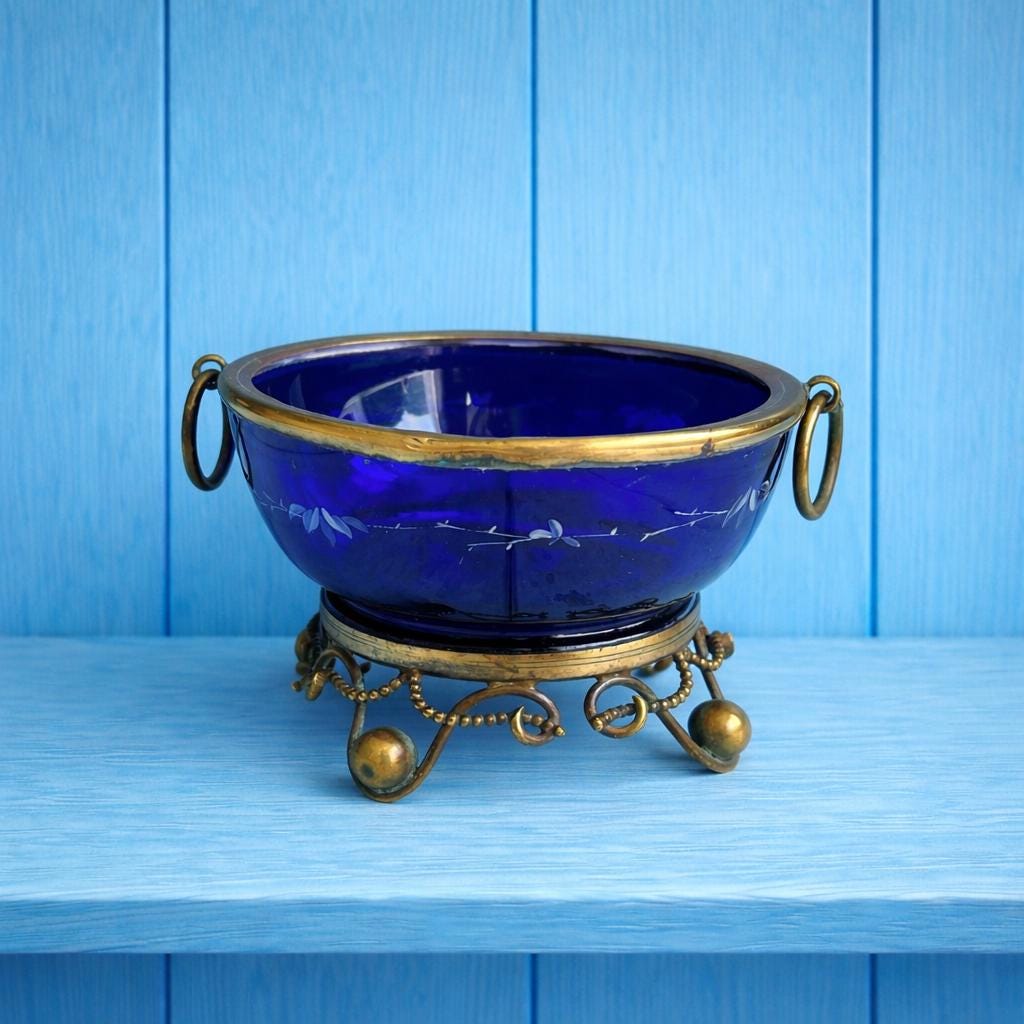 19th Century Tazza Gilt Metal and Cobalt Blue Glass Dish C 1860 Napoleon III