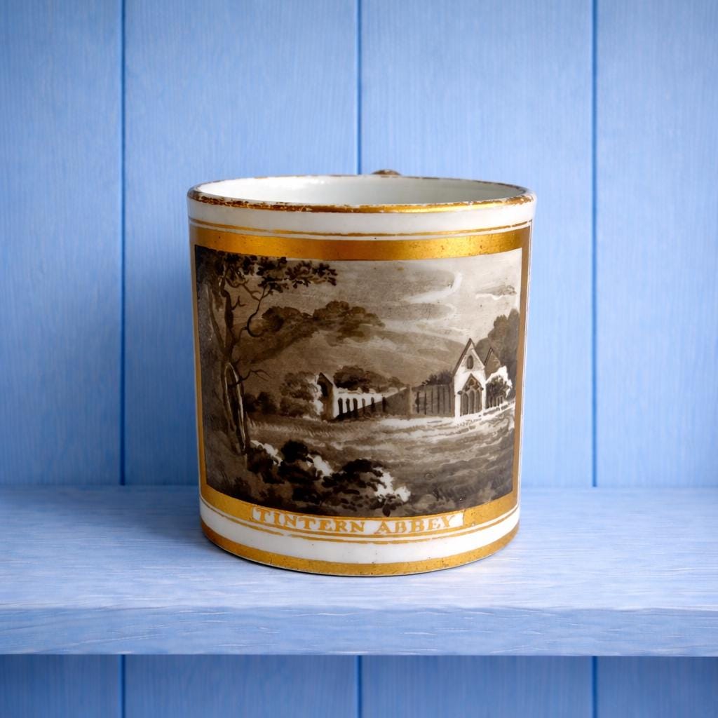 Tintern Abbey Porcelain Mug Hand Painted En Grisaille British Topographical Scene Circa 1810