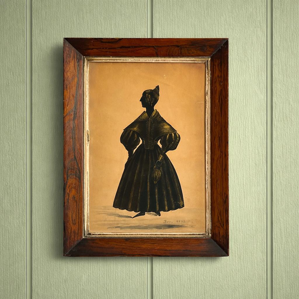 Antique Silhouette Full Length Cut Paper English Lady With Purse Reticule C 1835