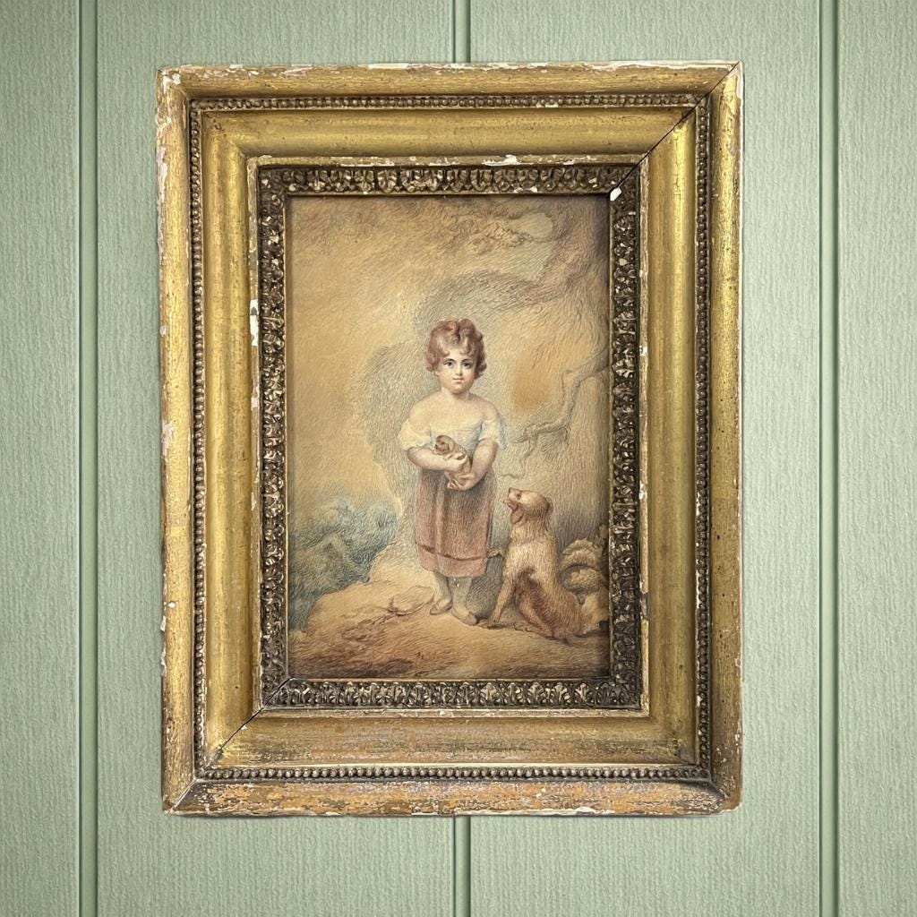 Antique Georgian Watercolor Portrait Child Dog Puppy After William Lodder 1803